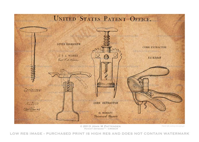 CorkScrew Cork Background Patent Artwork Print