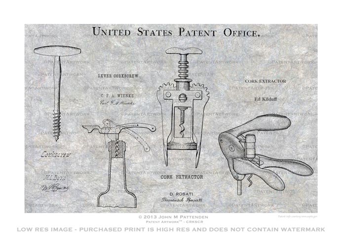 Corkscrew Tabletop Background Patent Artwork Print